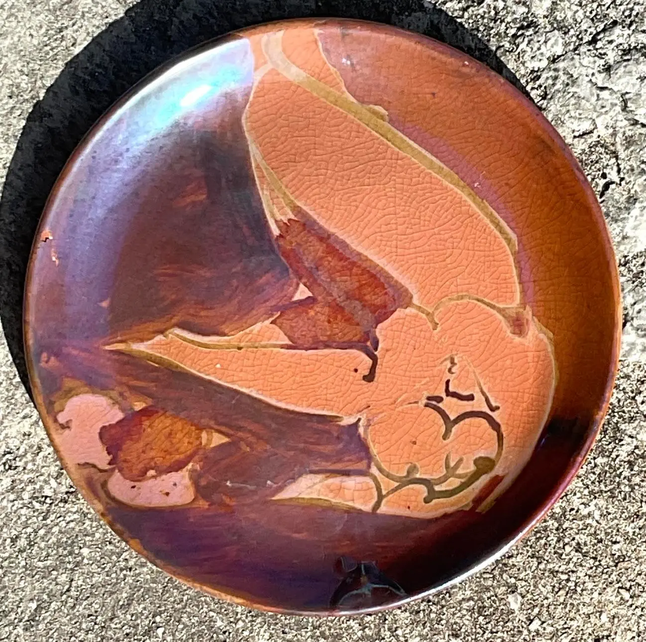 Vintage Boho Hand Painted Nude Studio Pottery Plate - Detail view