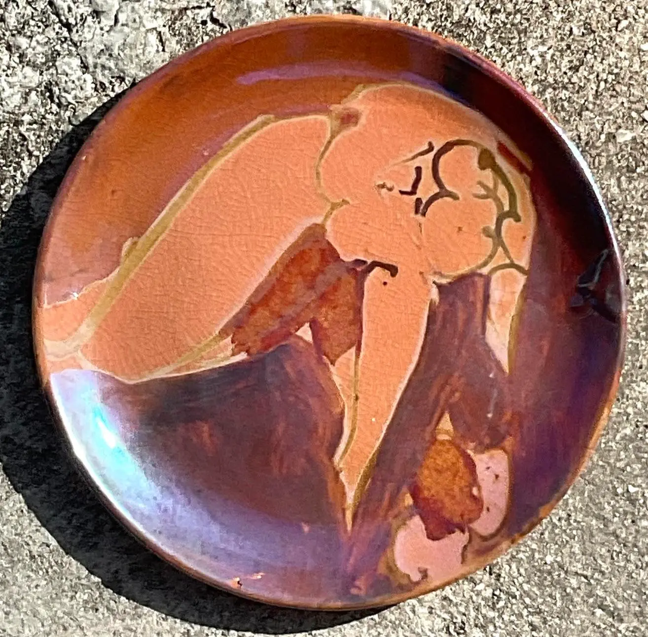 Vintage Boho Hand Painted Nude Studio Pottery Plate - Side view