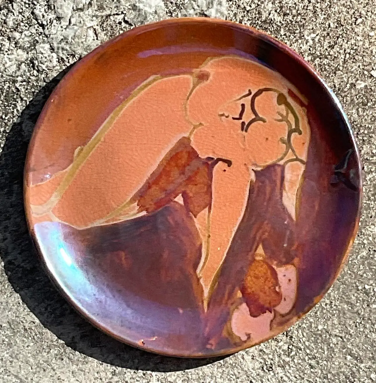 Vintage Boho Hand Painted Nude Studio Pottery Plate - Back view