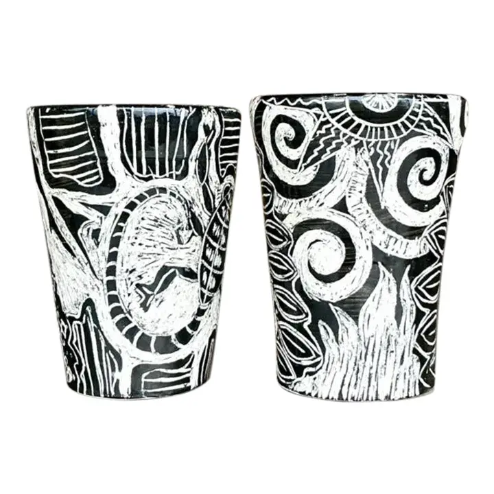 Vintage Boho Hand Painted Studio Pottery Figurative Vases - Set of 2