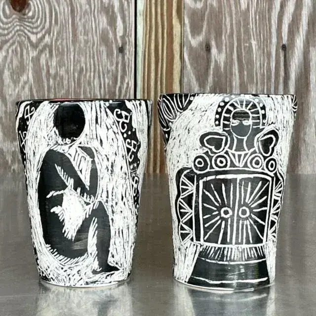Vintage Boho Hand Painted Studio Pottery Figurative Vases - Set of 2 - Back view