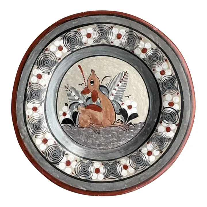 Vintage Boho Hand Painted Terracotta Plate With Fawn