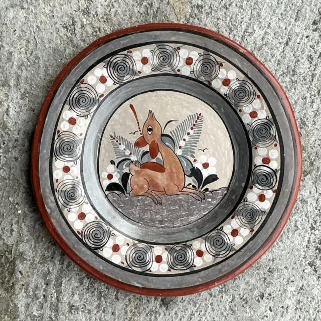Vintage Boho Hand Painted Terracotta Plate With Fawn - Detail view