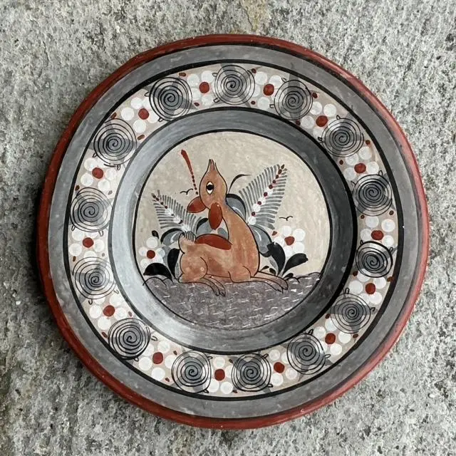 Vintage Boho Hand Painted Terracotta Plate With Fawn - Side view