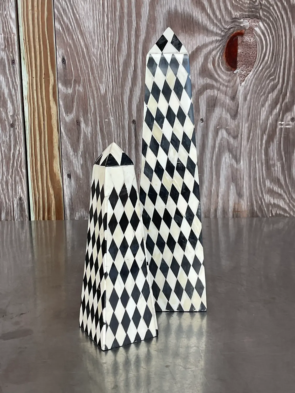 Vintage Boho Harlequin Tessellated Stone Obelisks - Set of Two - Side view