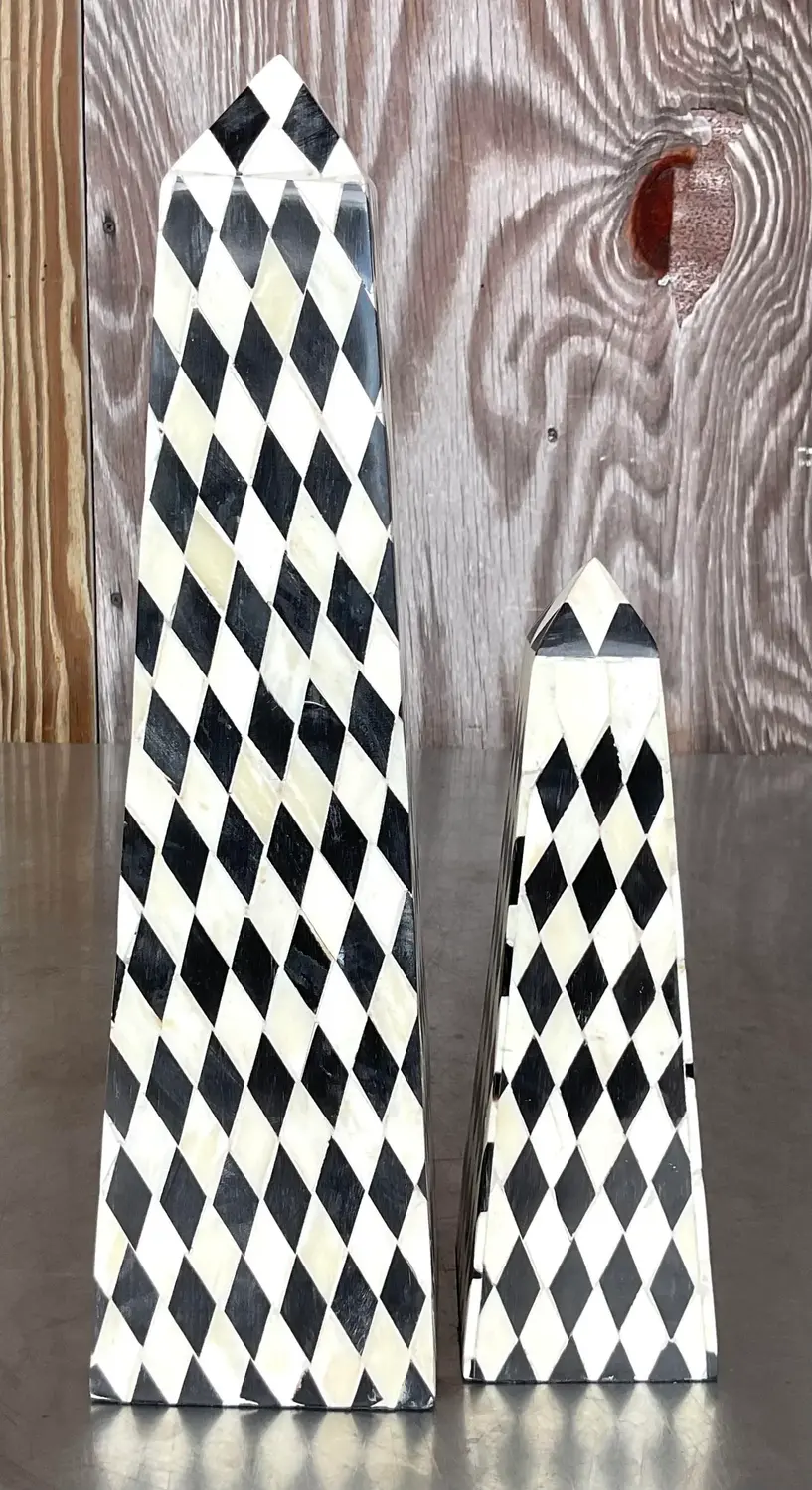 Vintage Boho Harlequin Tessellated Stone Obelisks - Set of Two - Top view
