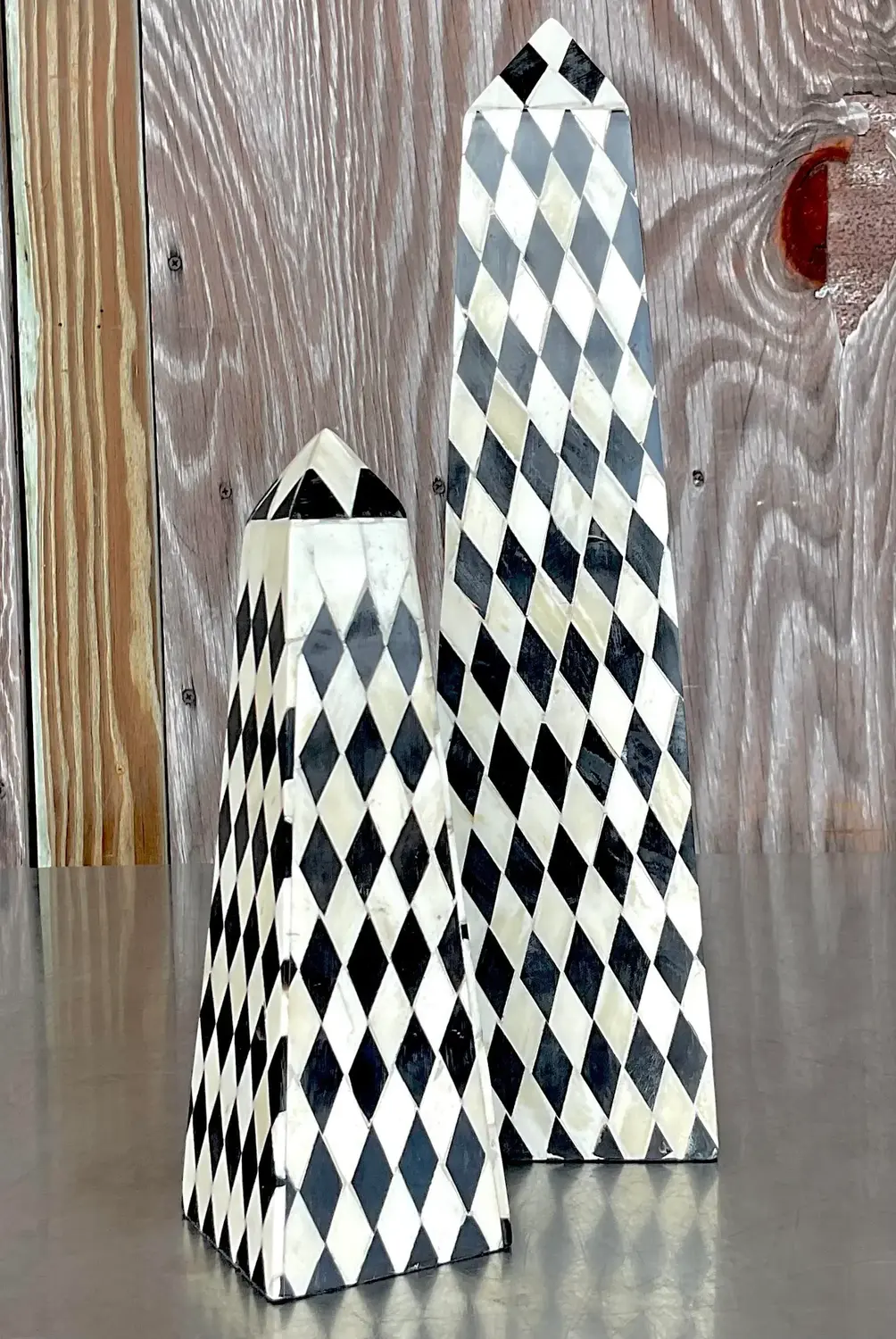 Vintage Boho Harlequin Tessellated Stone Obelisks - Set of Two - Detail view