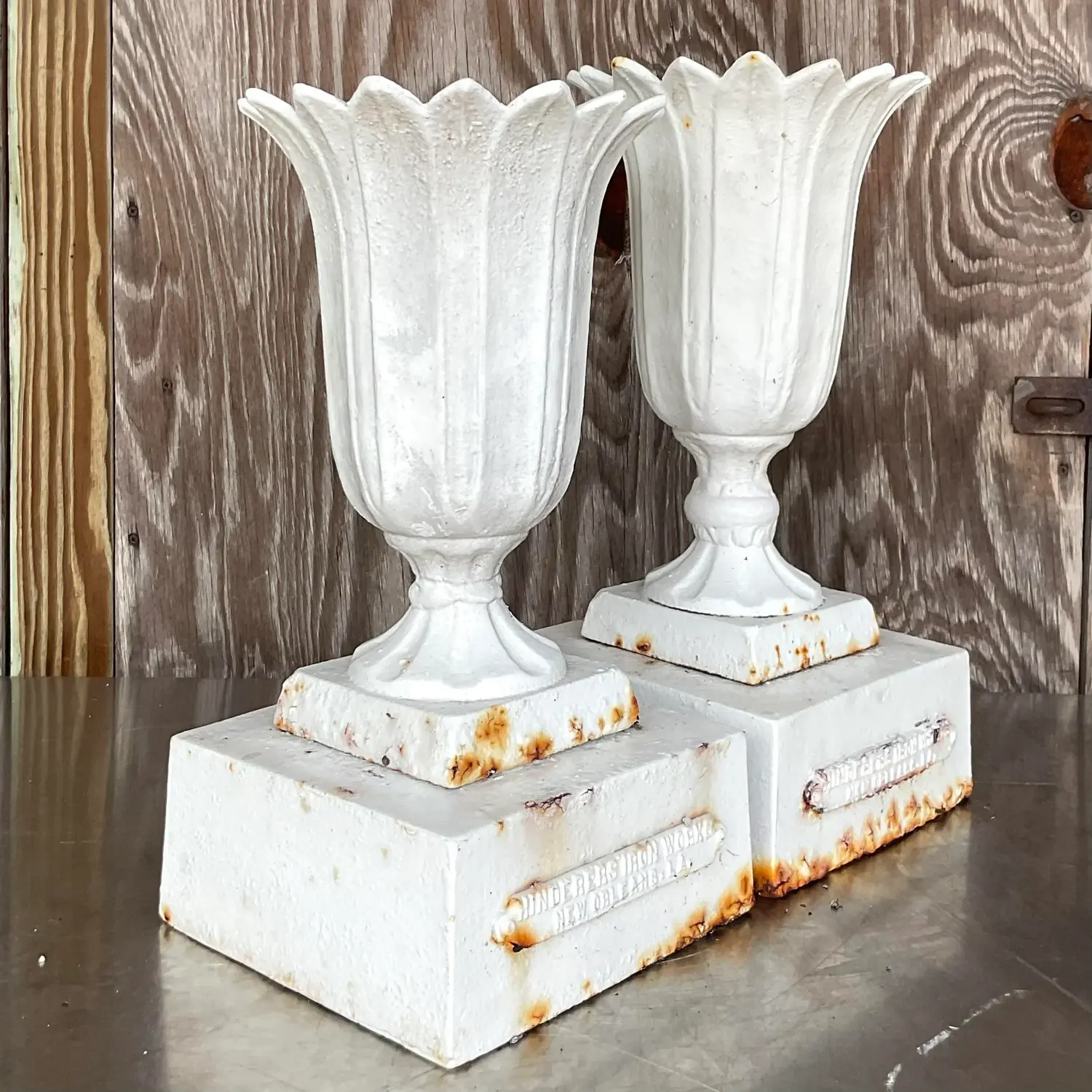 Vintage Boho Henderson Iron Works Petal Urns - Set of Two - Side view