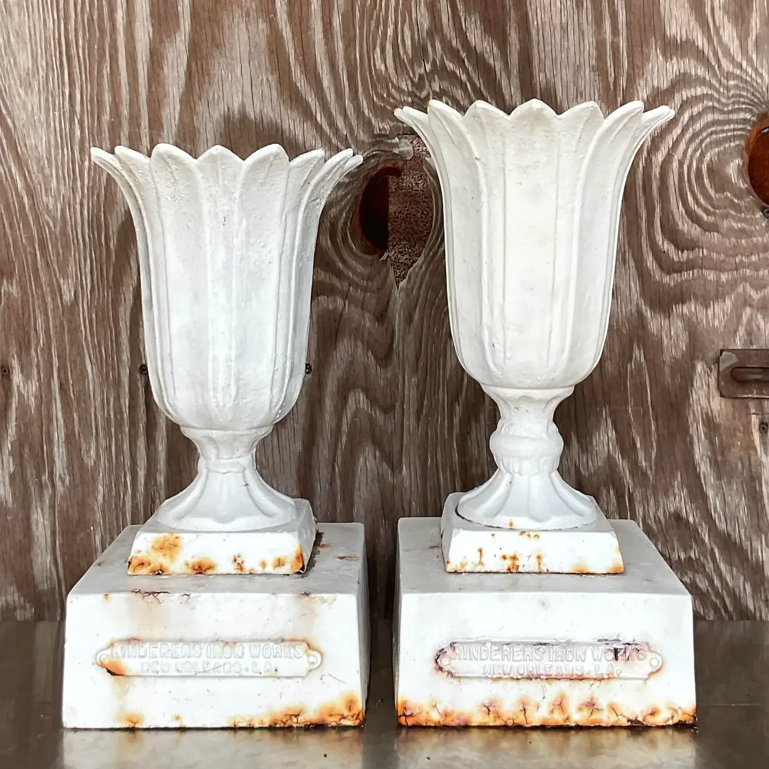 Vintage Boho Henderson Iron Works Petal Urns - Set of Two - Back view