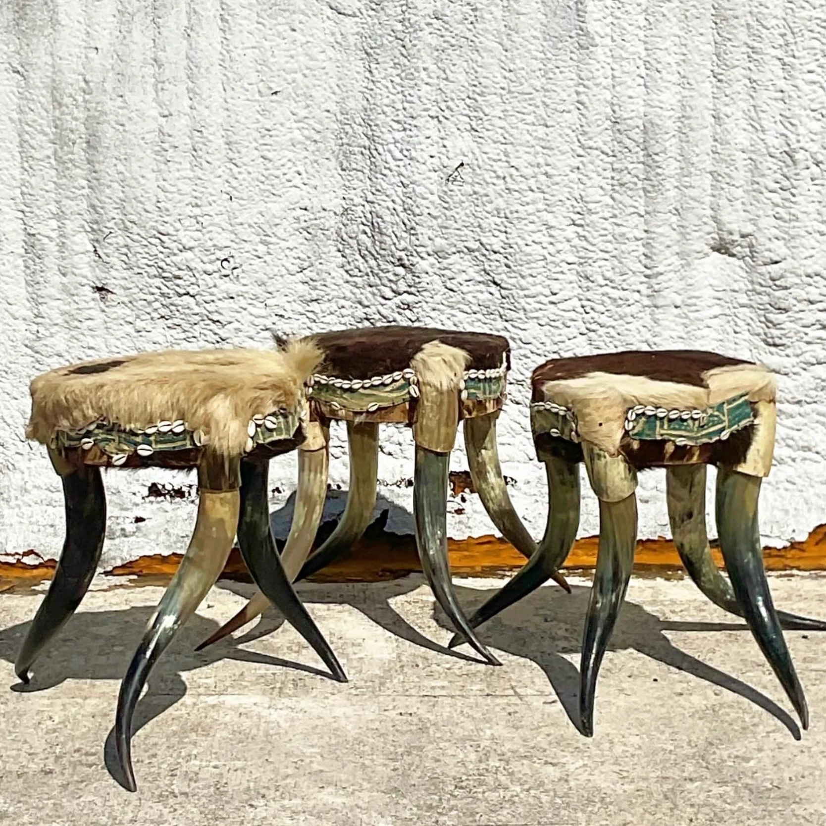 Vintage Boho Horn Stools - Set of 3 - Side view