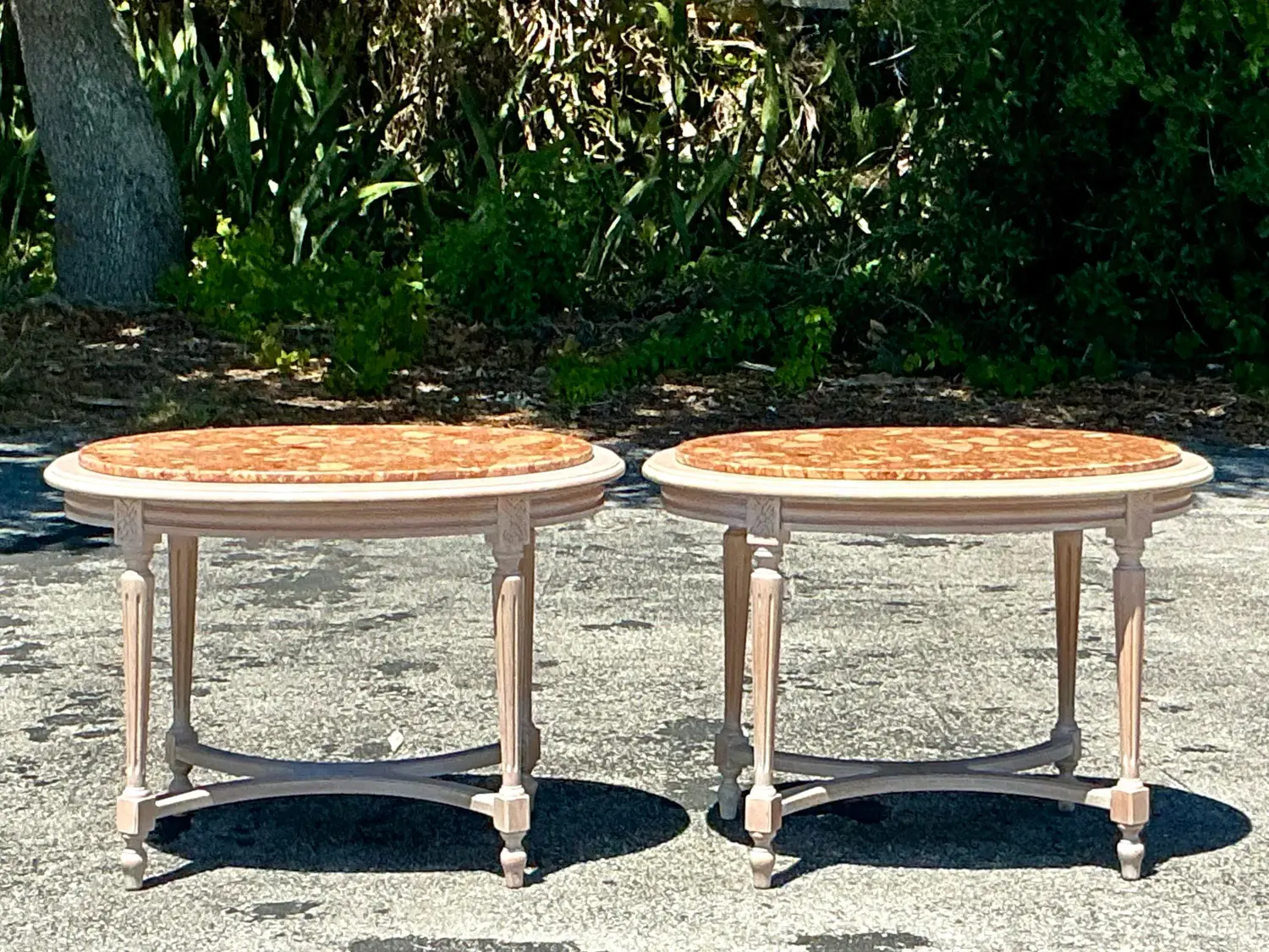 Vintage Boho Inset Stone Side Tables - A Pair - Side view