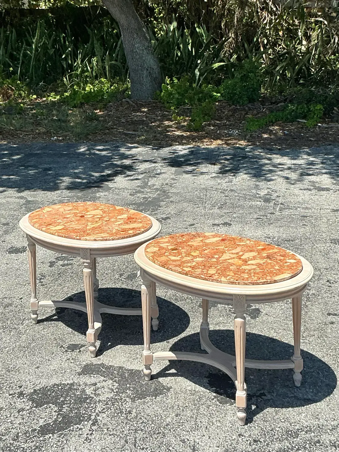 Vintage Boho Inset Stone Side Tables - A Pair - Top view