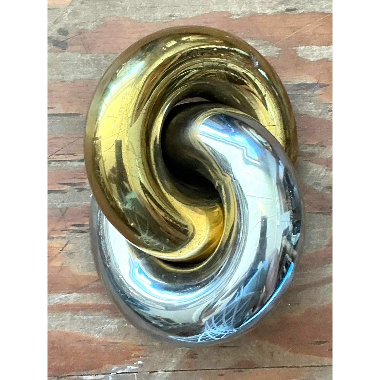 Vintage Boho Intertwined Brass and Chrome Rings Sculpture - Detail view