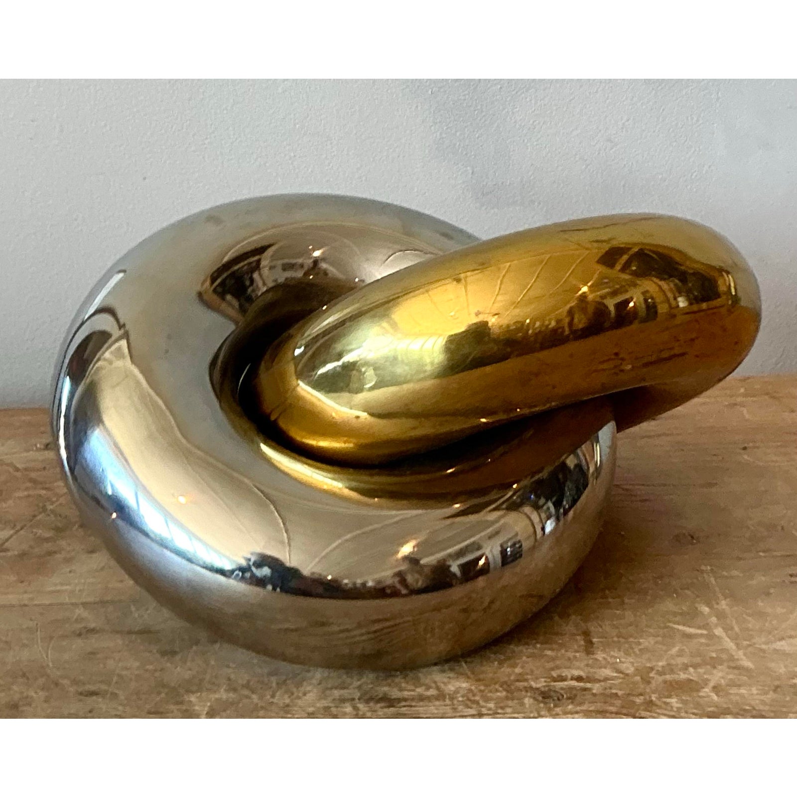 Vintage Boho Intertwined Brass and Chrome Rings Sculpture - Top view