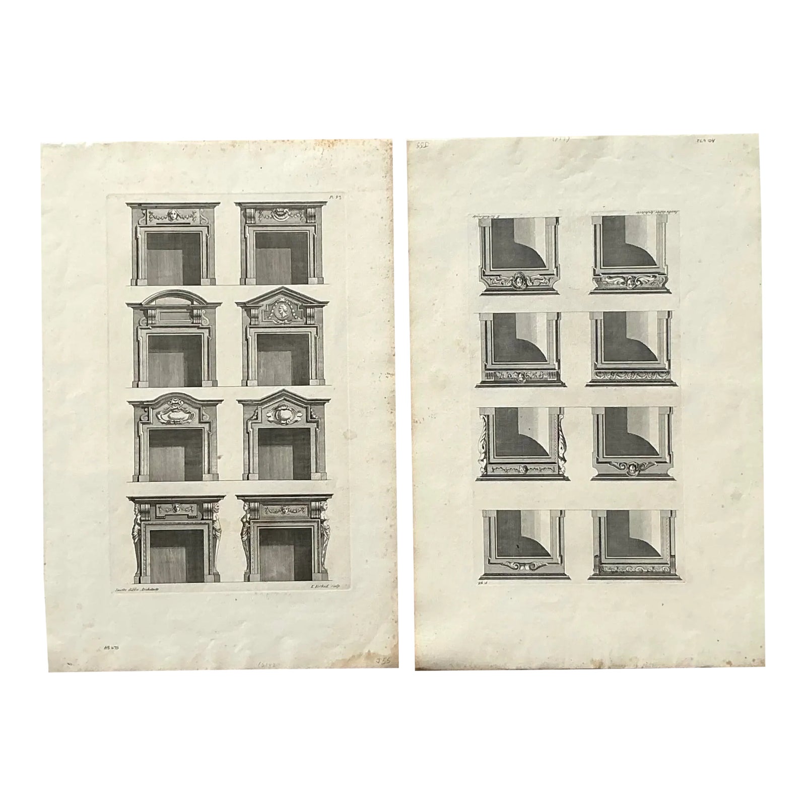 Vintage Boho Italian Architectural Pediment Drawings Original Print- Set of 2