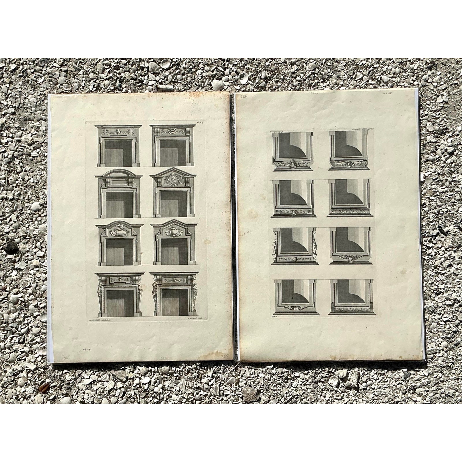 Vintage Boho Italian Architectural Pediment Drawings Original Print- Set of 2 - Detail view
