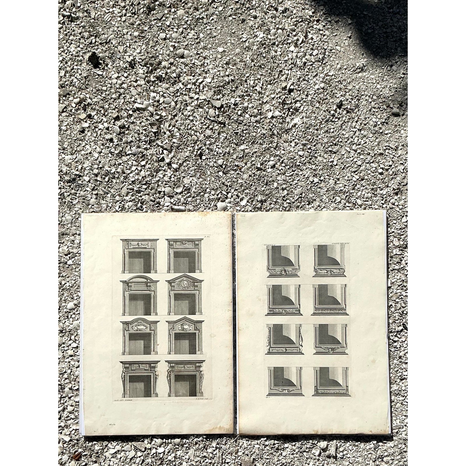 Vintage Boho Italian Architectural Pediment Drawings Original Print- Set of 2 - Top view