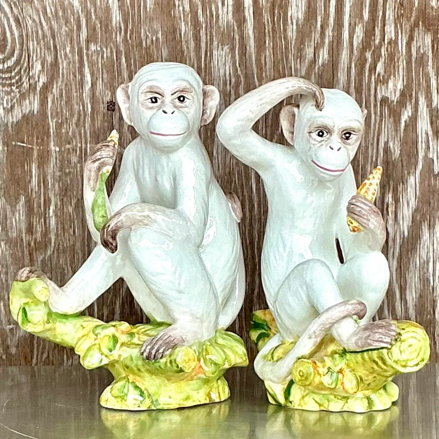 Vintage Boho Italian Glazed Ceramic Monkeys - Set of 2 - Back view