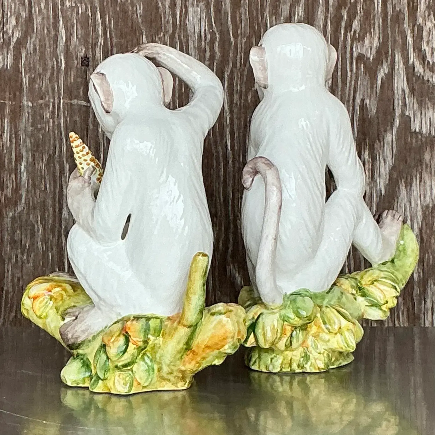 Vintage Boho Italian Glazed Ceramic Monkeys - Set of 2 - Top view