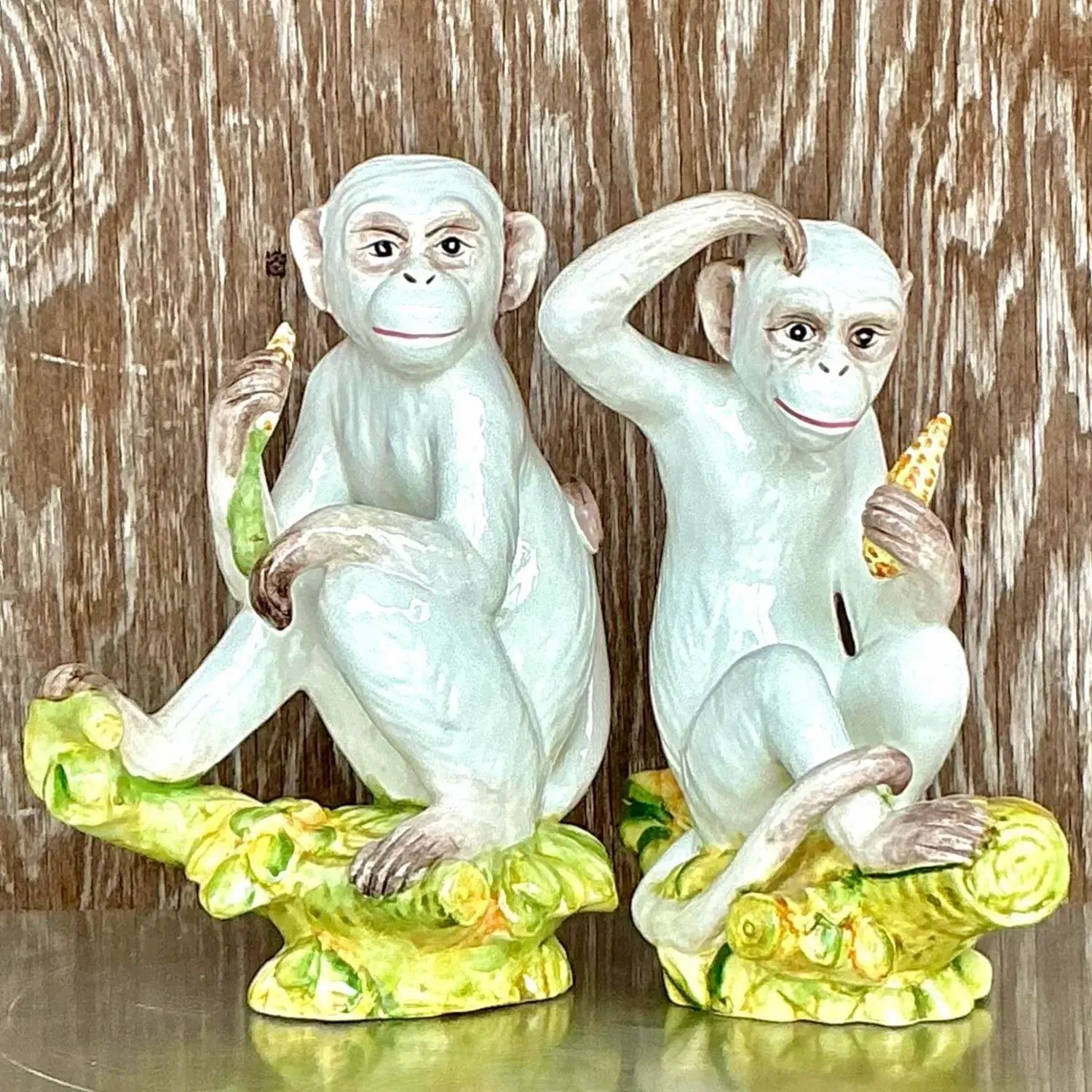 Vintage Boho Italian Glazed Ceramic Monkeys - Set of 2 - Side view