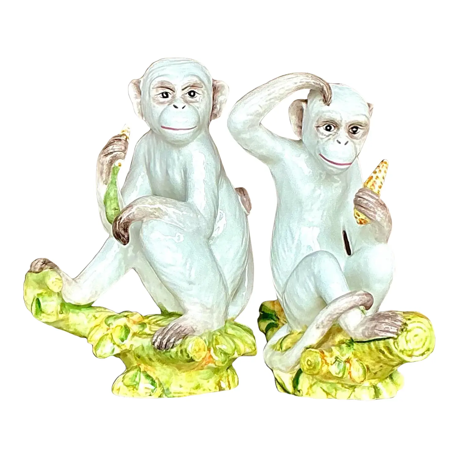 Vintage Boho Italian Glazed Ceramic Monkeys - Set of 2
