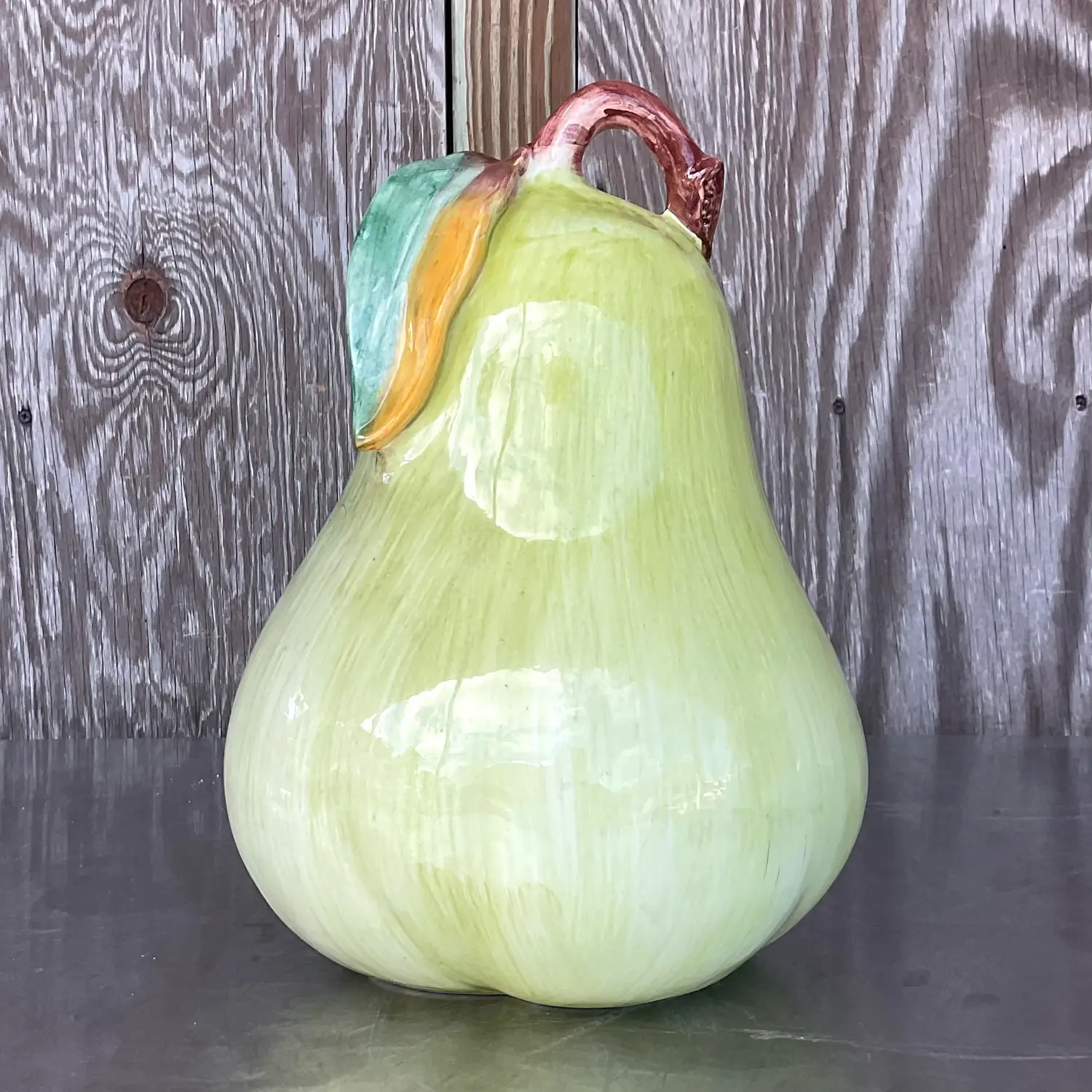 Vintage Boho Italian Large Glazed Ceramic Pear - Detail view