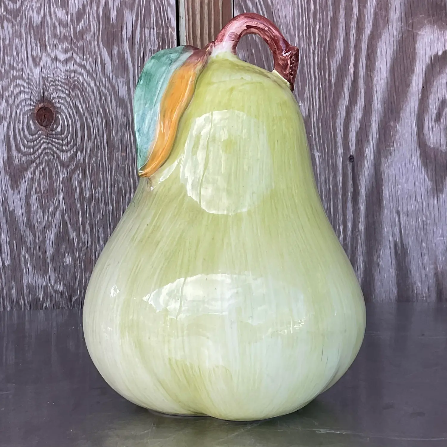 Vintage Boho Italian Large Glazed Ceramic Pear - Top view