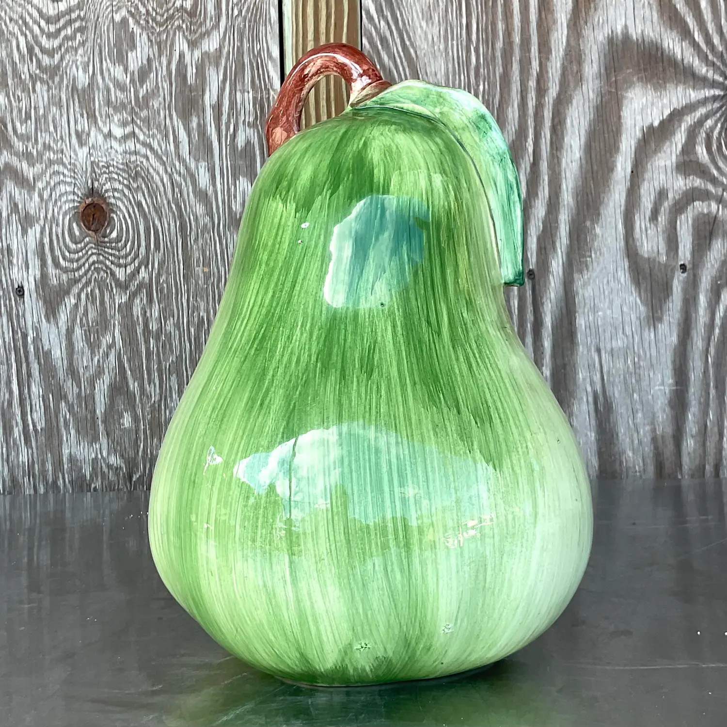 Vintage Boho Italian Large Glazed Ceramic Pear - Back view