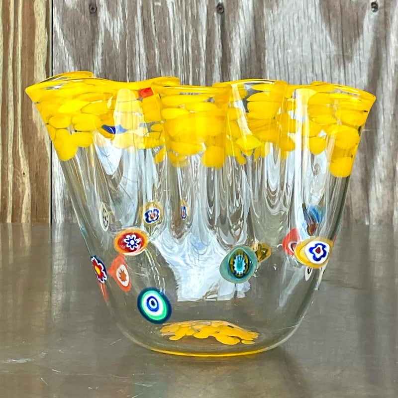 Vintage Boho Italian Ruffle Art Glass Vase - Side view