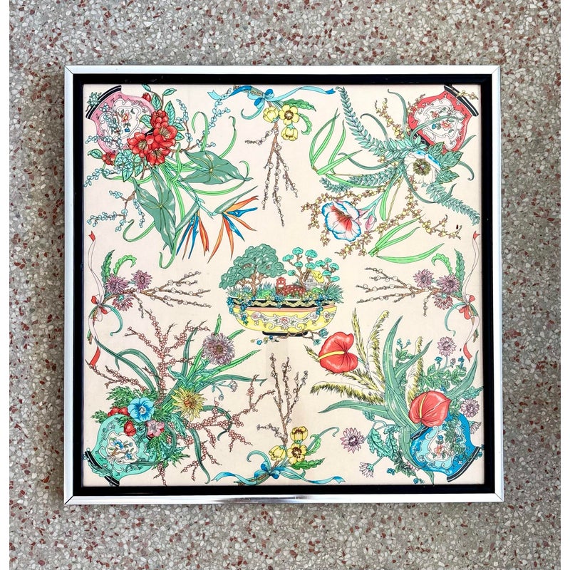 Vintage Boho Italian Silk Scarf in Silver Frame - Detail view