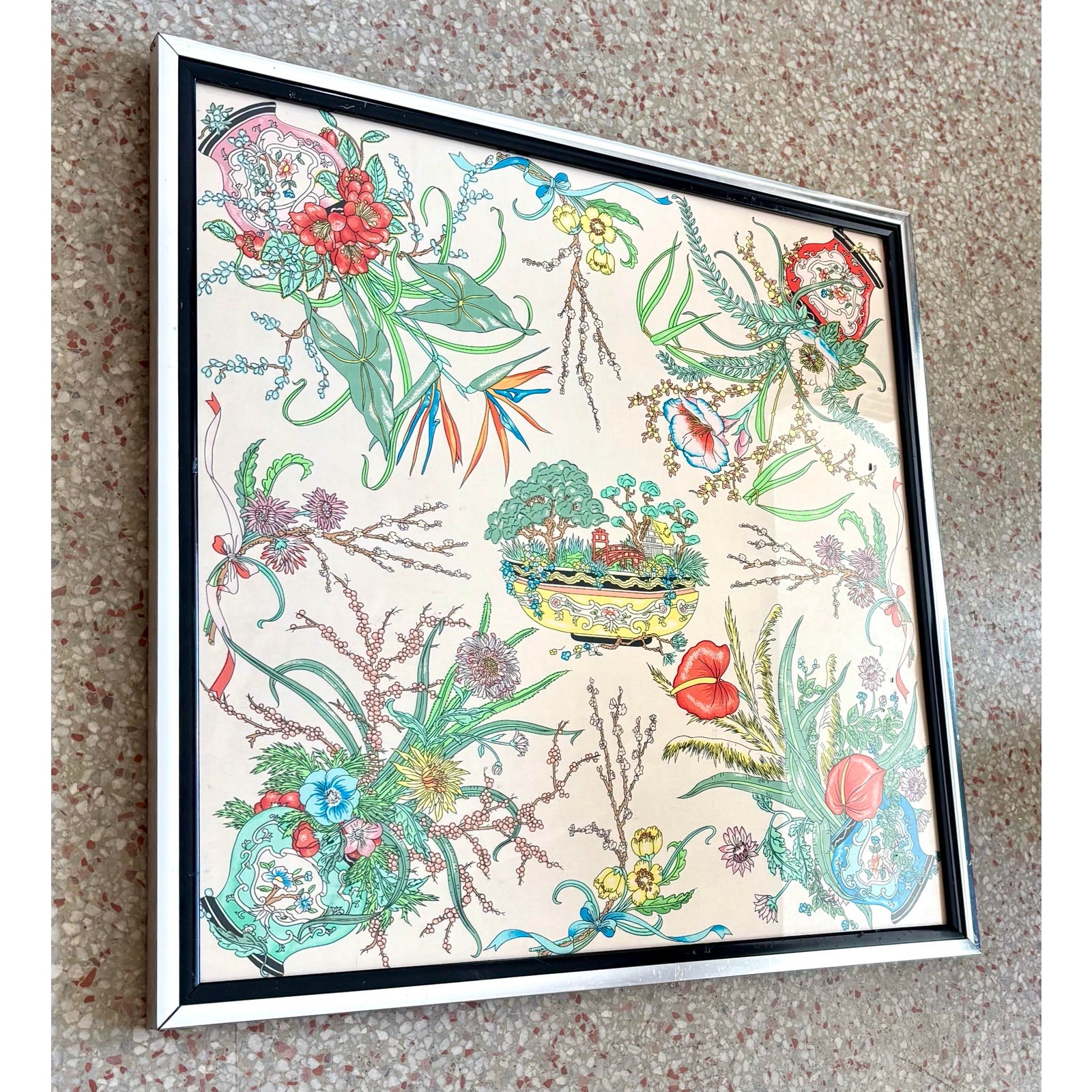 Vintage Boho Italian Silk Scarf in Silver Frame - Top view