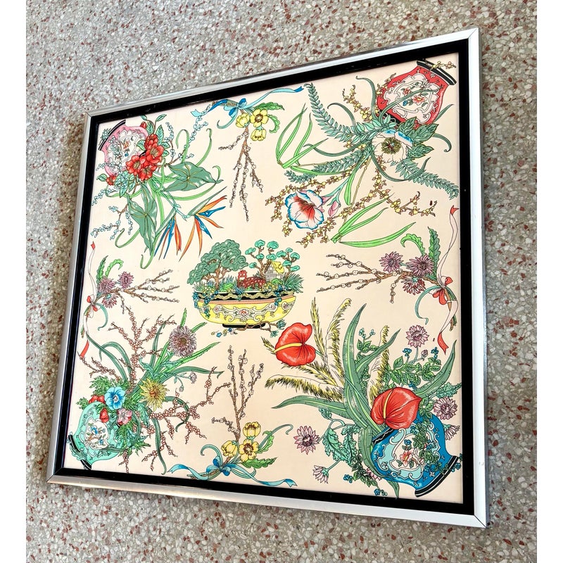 Vintage Boho Italian Silk Scarf in Silver Frame - Back view