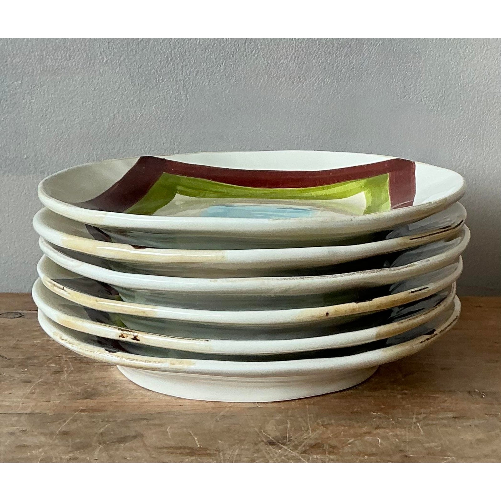 Vintage Boho Italian Vietri Glazed Ceramic Salad Plates - Set of 6 - Detail view