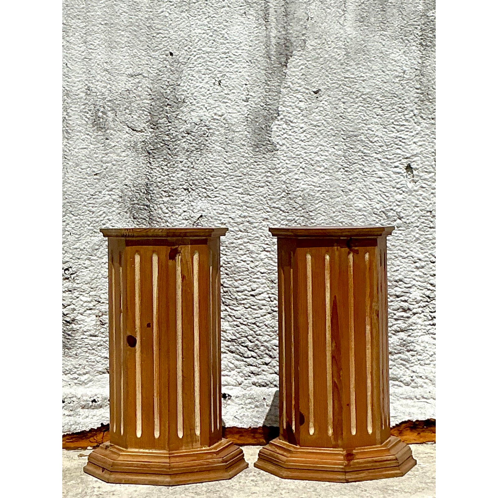 Vintage Boho Knotty Pine Column Pedestals - Set of 2 - Side view