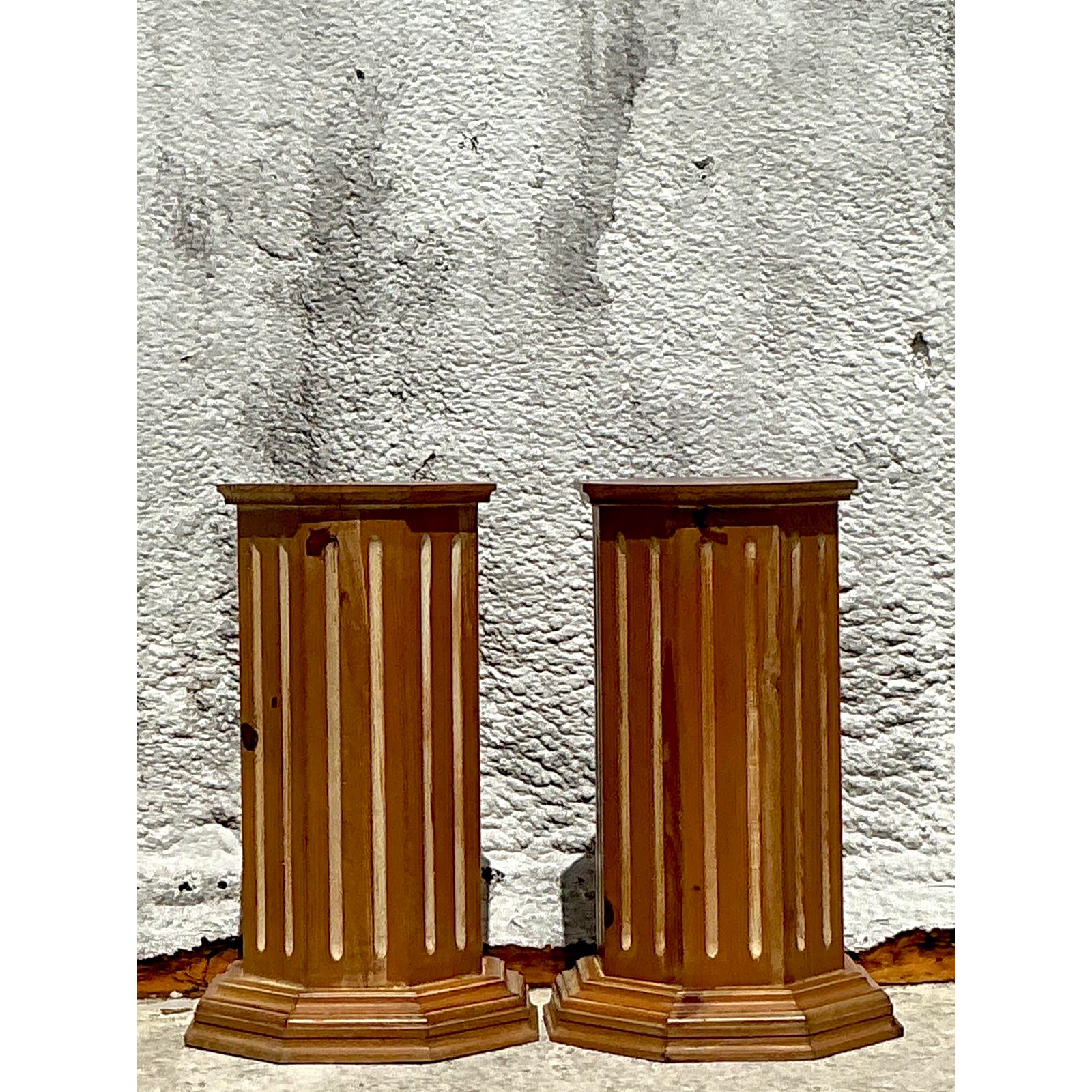 Vintage Boho Knotty Pine Column Pedestals - Set of 2 - Top view
