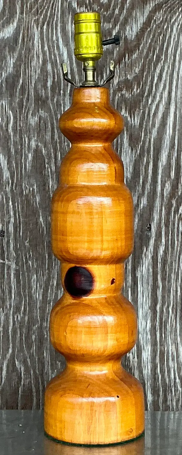 Vintage Boho Knotty Pine Turned Table Lamp - Top view