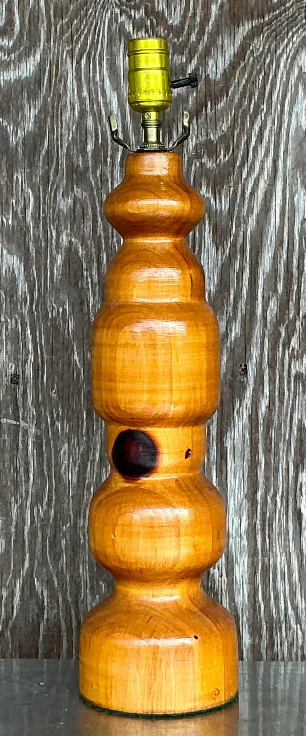 Vintage Boho Knotty Pine Turned Table Lamp - Back view