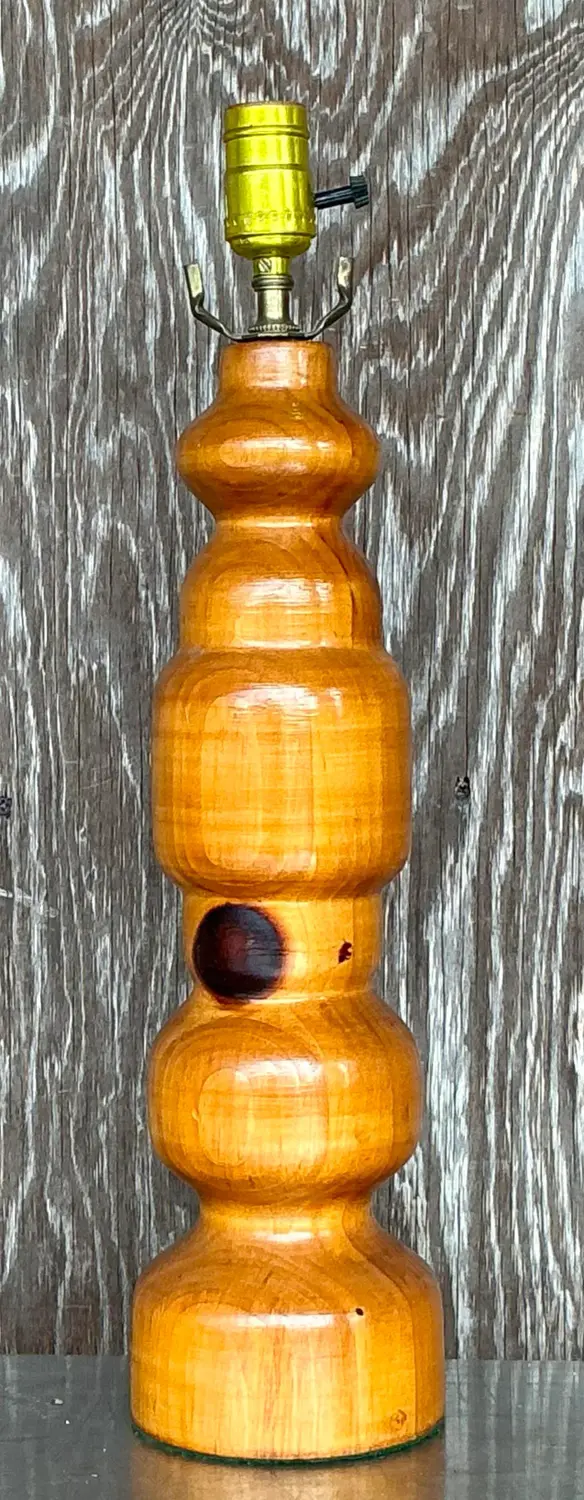 Vintage Boho Knotty Pine Turned Table Lamp - Side view