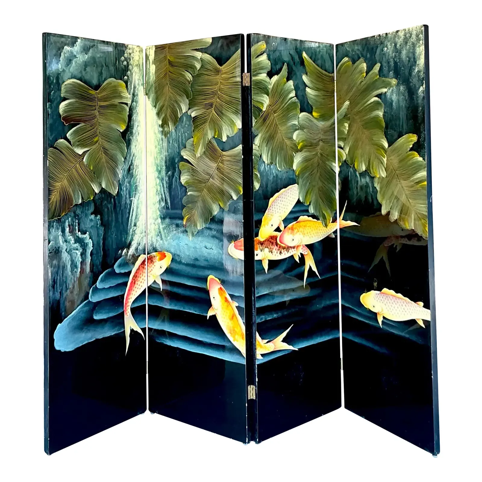 Vintage Boho Lacquered Koi Screen - Detail view
