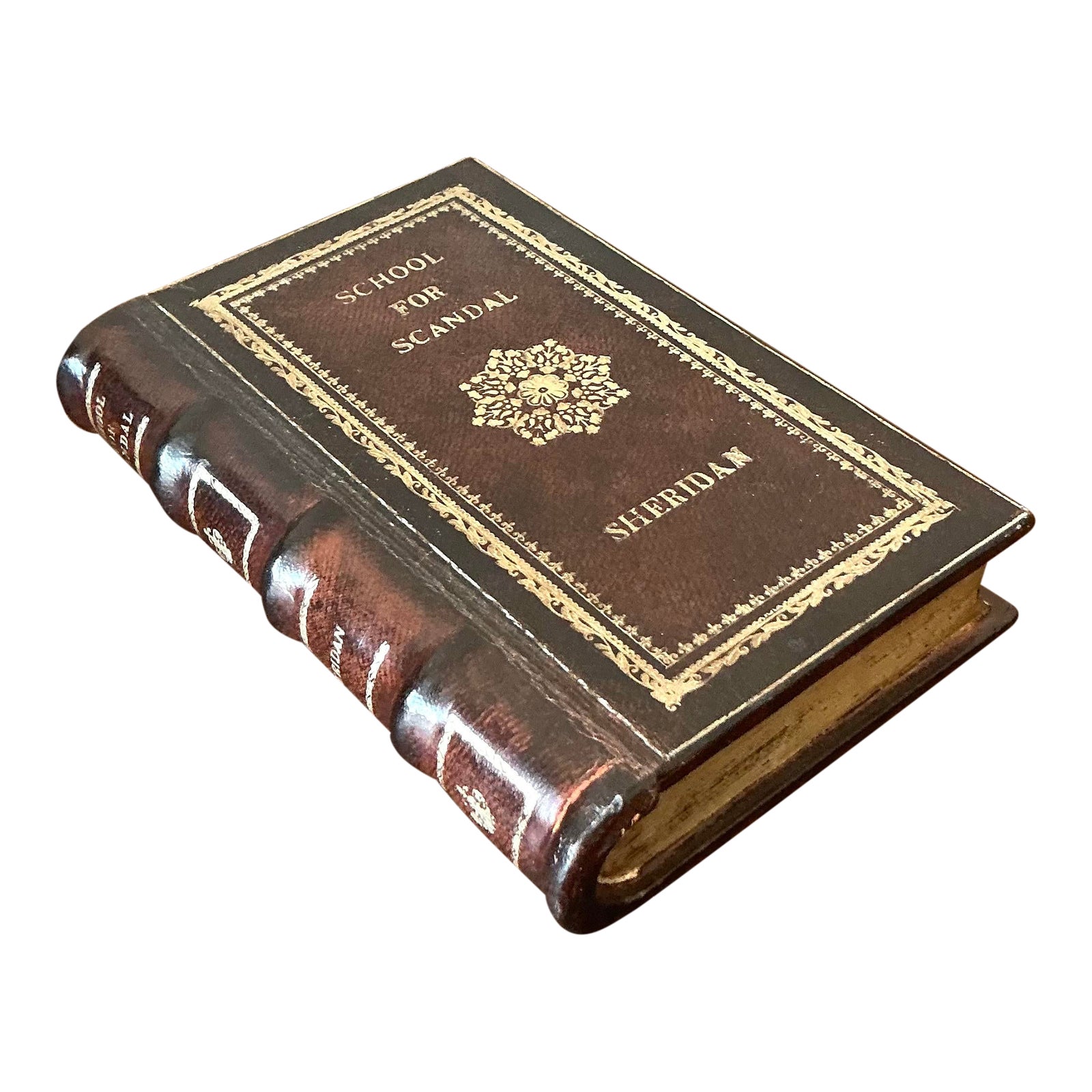 Vintage Boho Leather Bound “School for Scandal” Book Box - Detail view