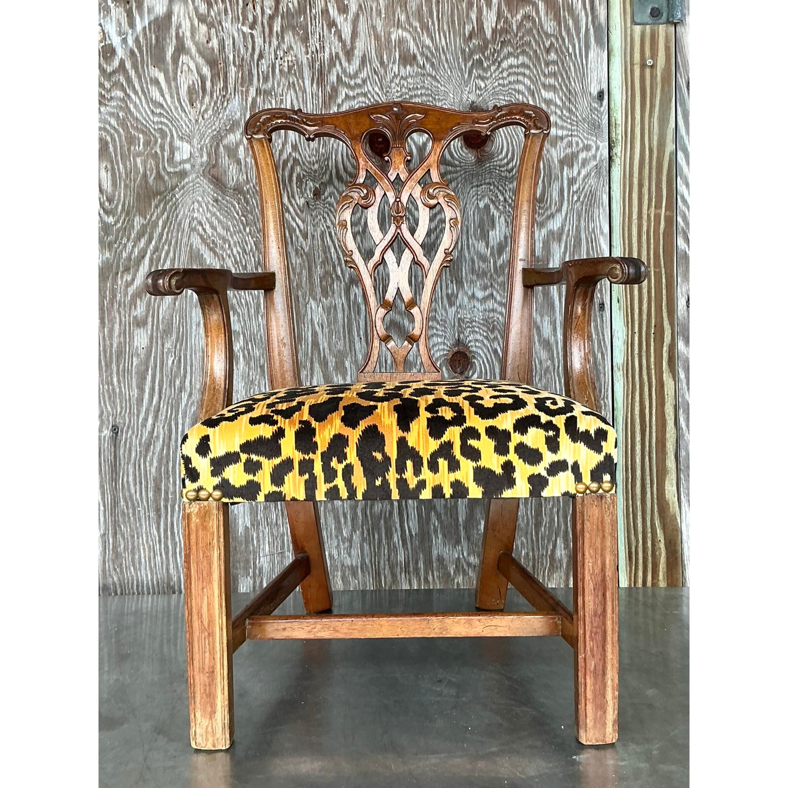 Vintage Boho Leopard Chippendale Petite Salon Chair - Side view