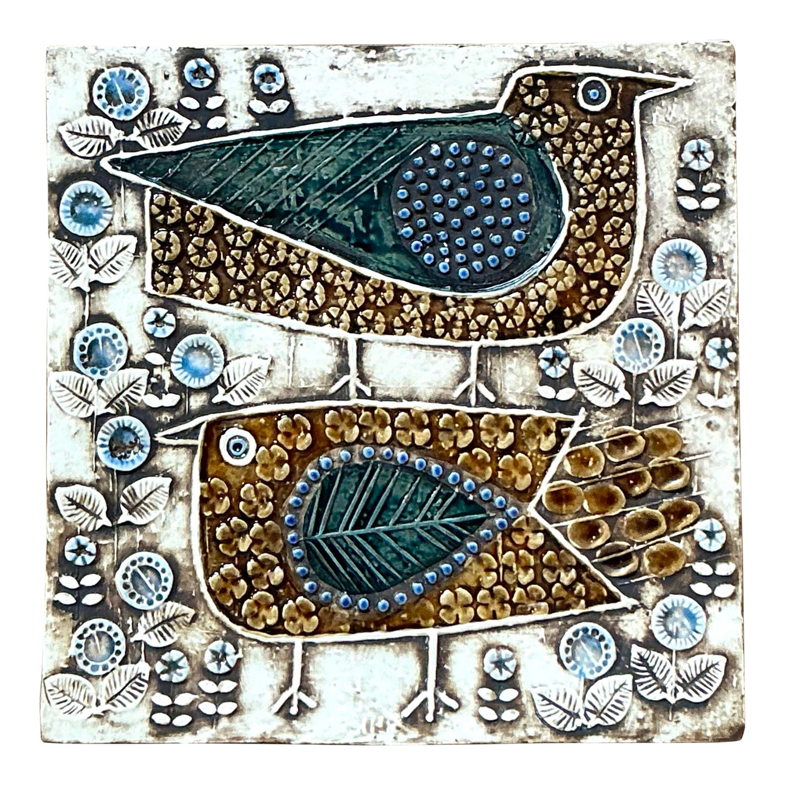 Vintage Boho Love Birds Original Studio Pottery Tile - Detail view