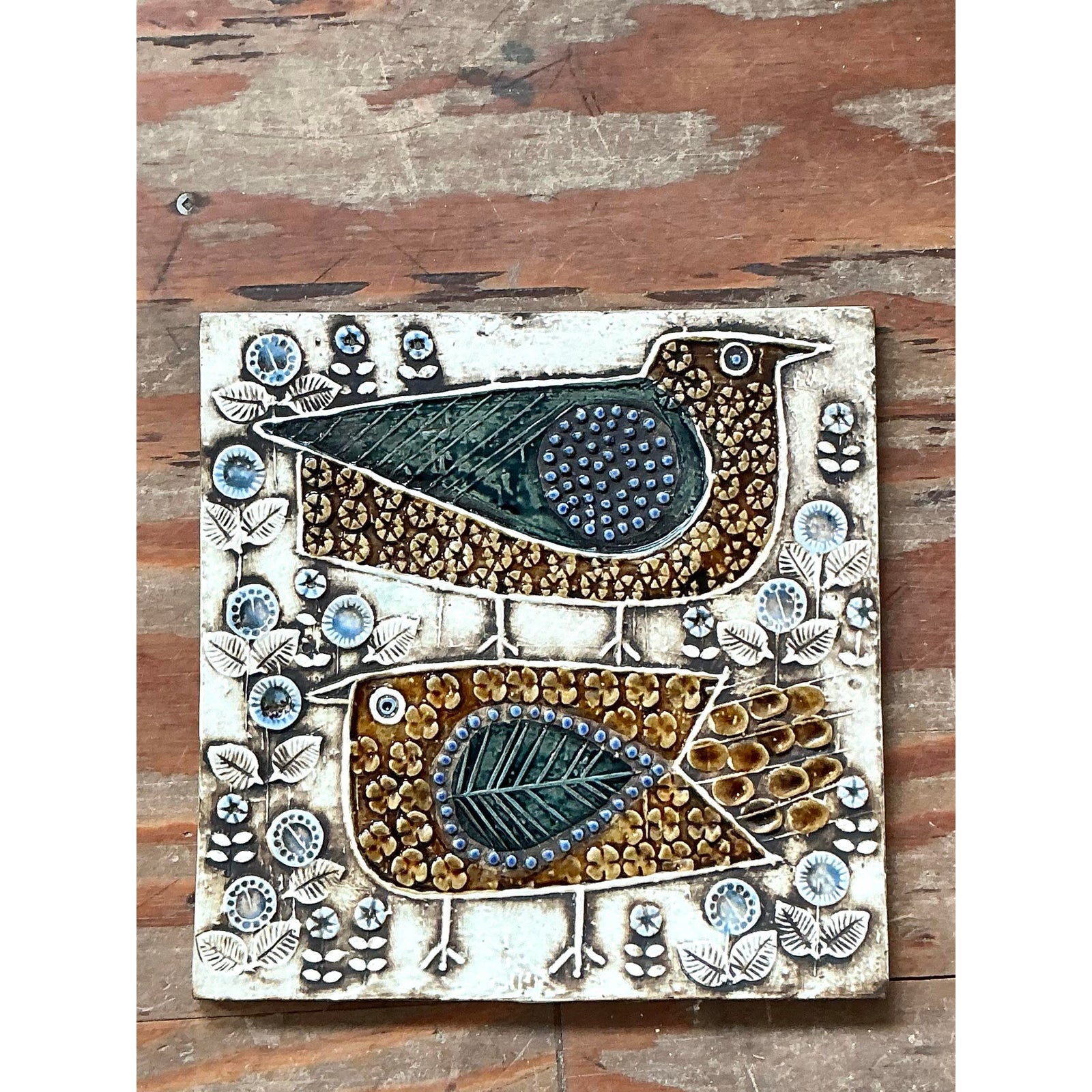 Vintage Boho Love Birds Original Studio Pottery Tile - Side view