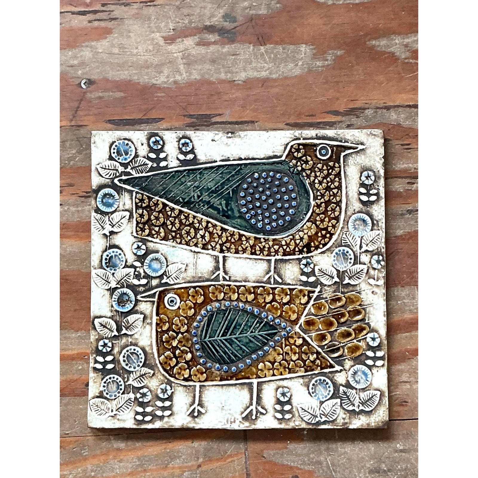 Vintage Boho Love Birds Original Studio Pottery Tile - Back view