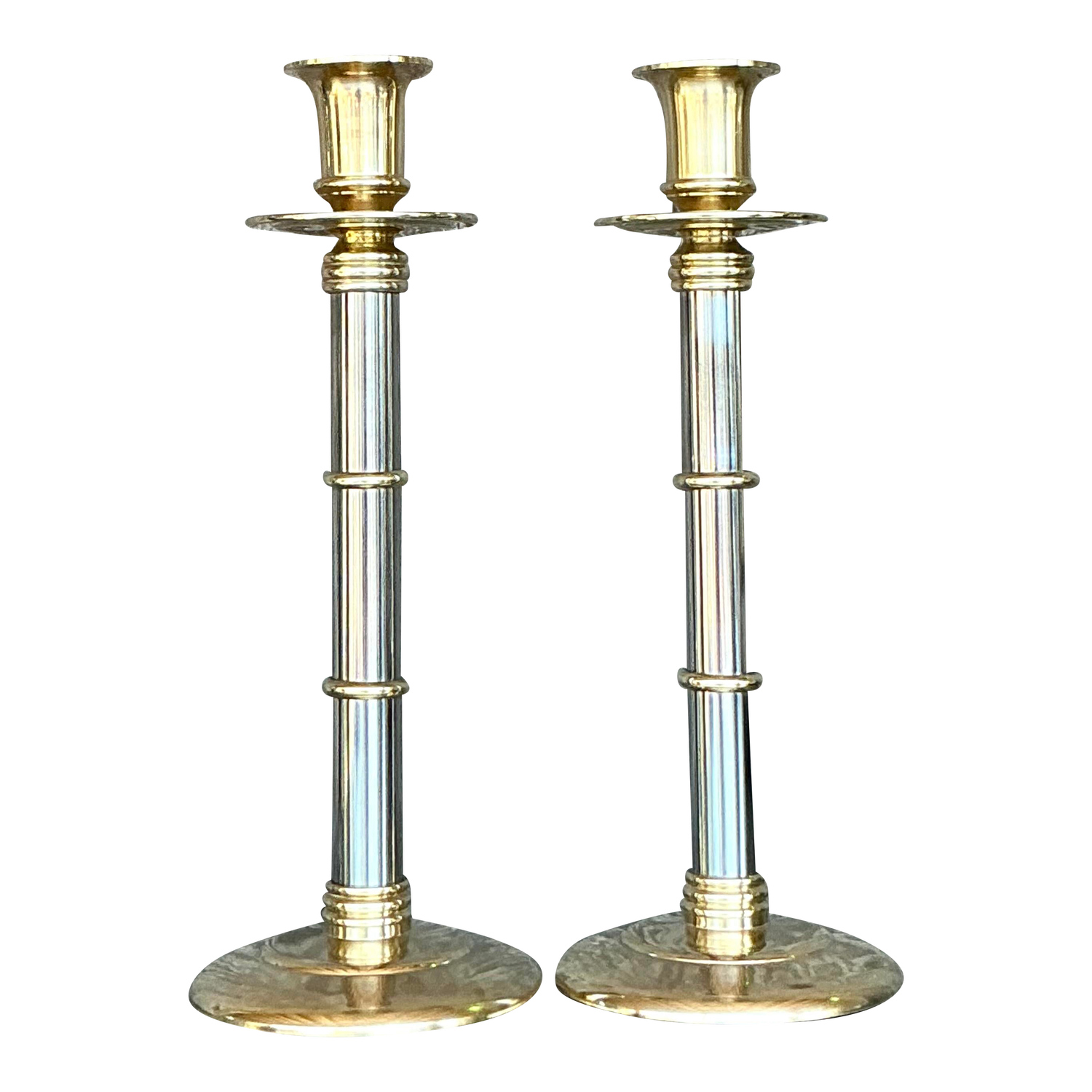 Vintage Boho Maitland-Smith Brass and Chrome Candlesticks- Set of 2 - Detail view