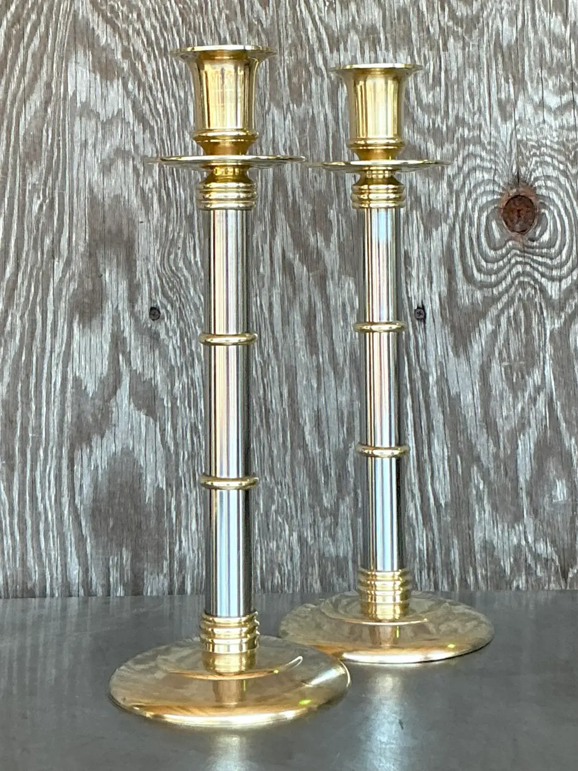 Vintage Boho Maitland-Smith Brass and Chrome Candlesticks- Set of 2 - Back view