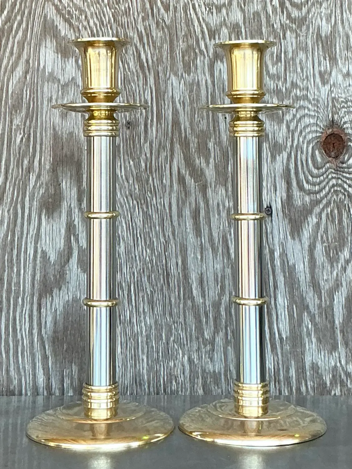 Vintage Boho Maitland-Smith Brass and Chrome Candlesticks- Set of 2 - Top view