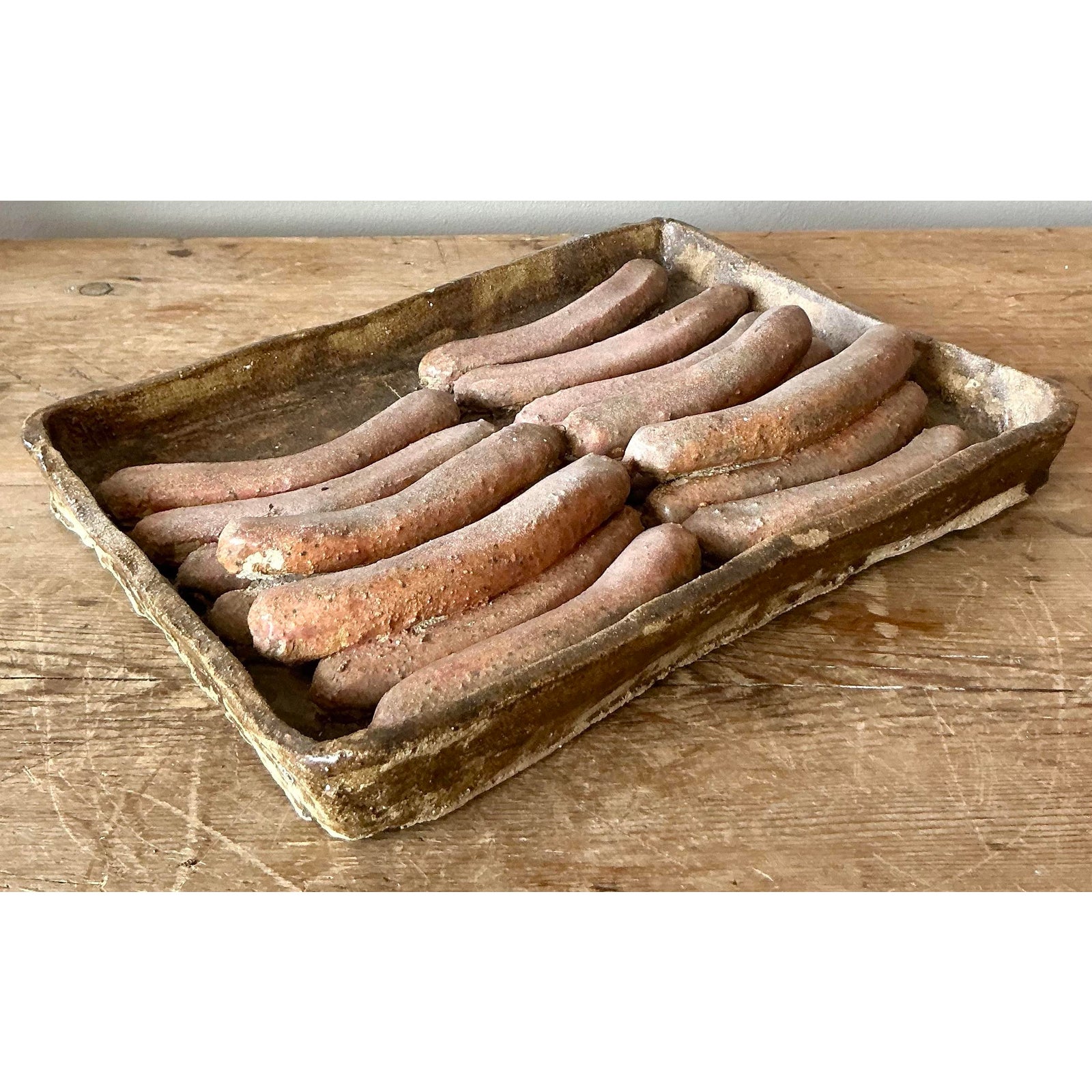 Vintage Boho Majolica Ceramic Tray of Sausages - Top view