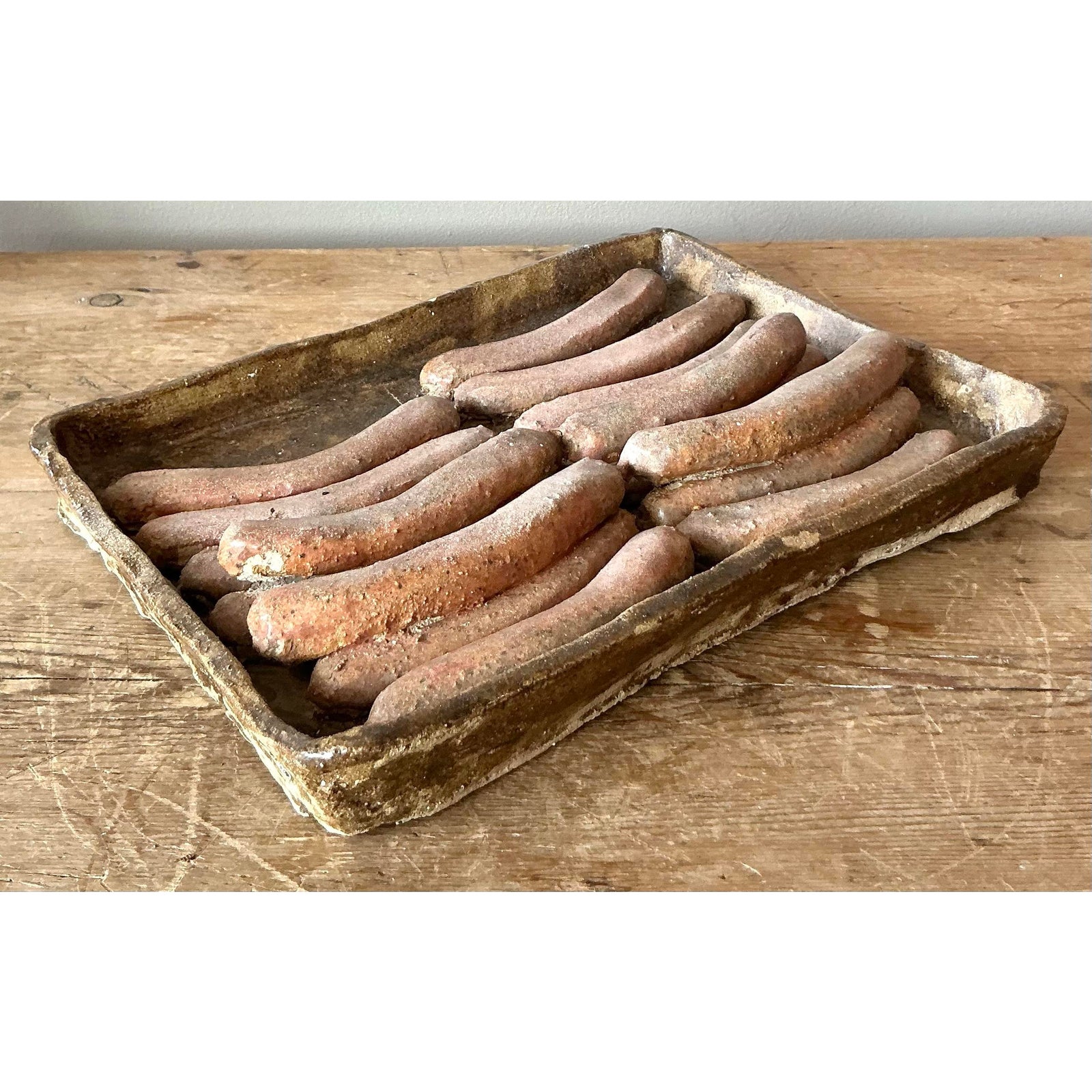Vintage Boho Majolica Ceramic Tray of Sausages - Detail view