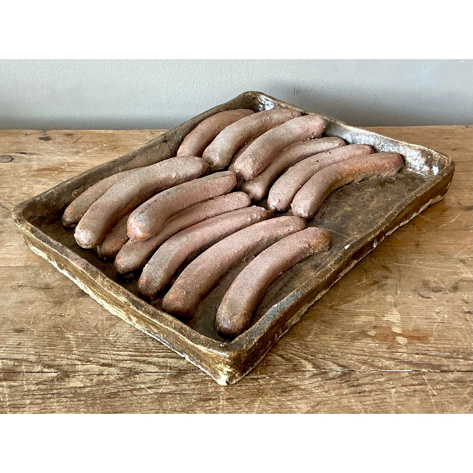 Vintage Boho Majolica Ceramic Tray of Sausages - Side view